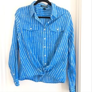 Lauren by Ralph Lauren Blue Striped Button Tie Waist Blouse Size XL